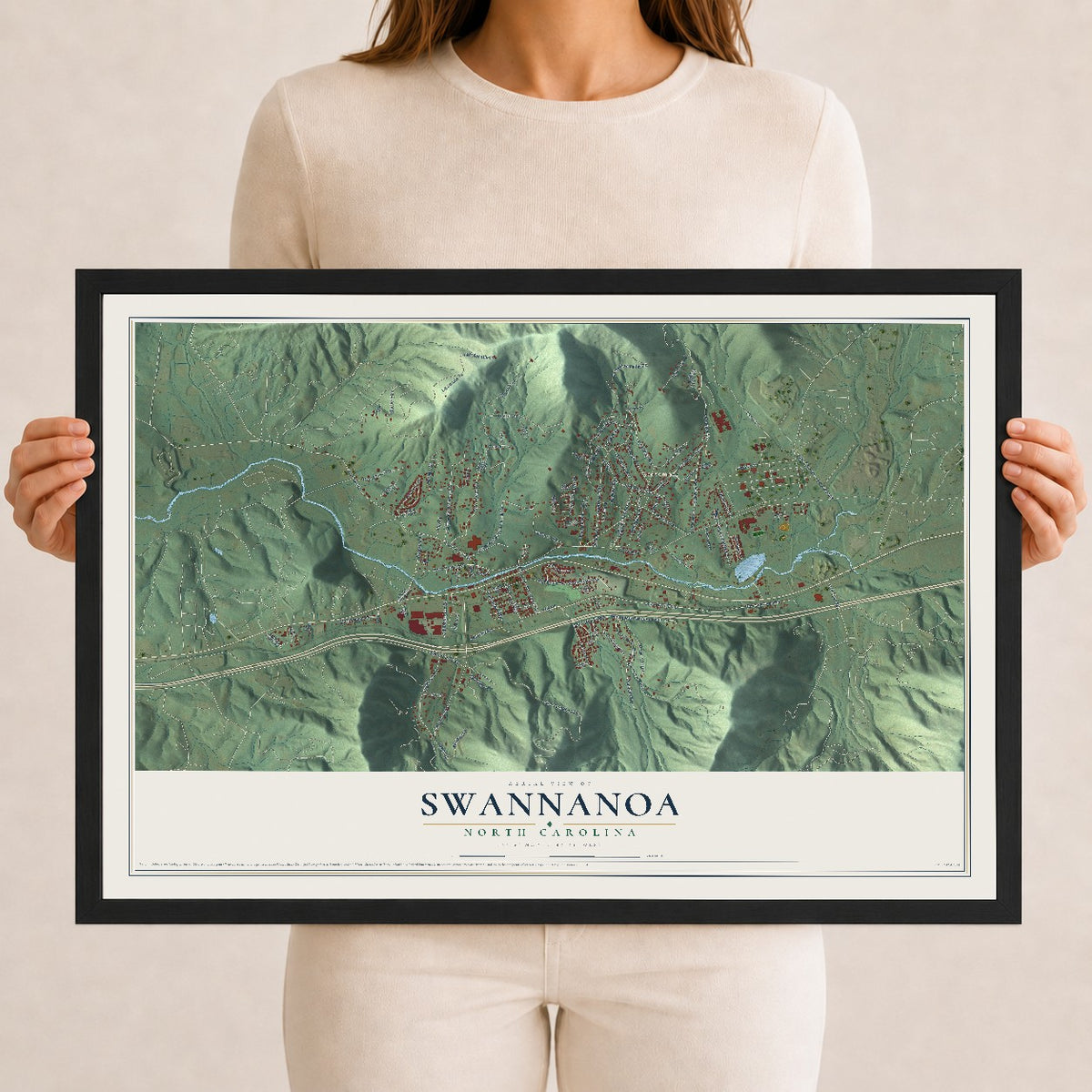 Map of Swannanoa, North Carolina, 12 x 18 inch print in a black wood frame
