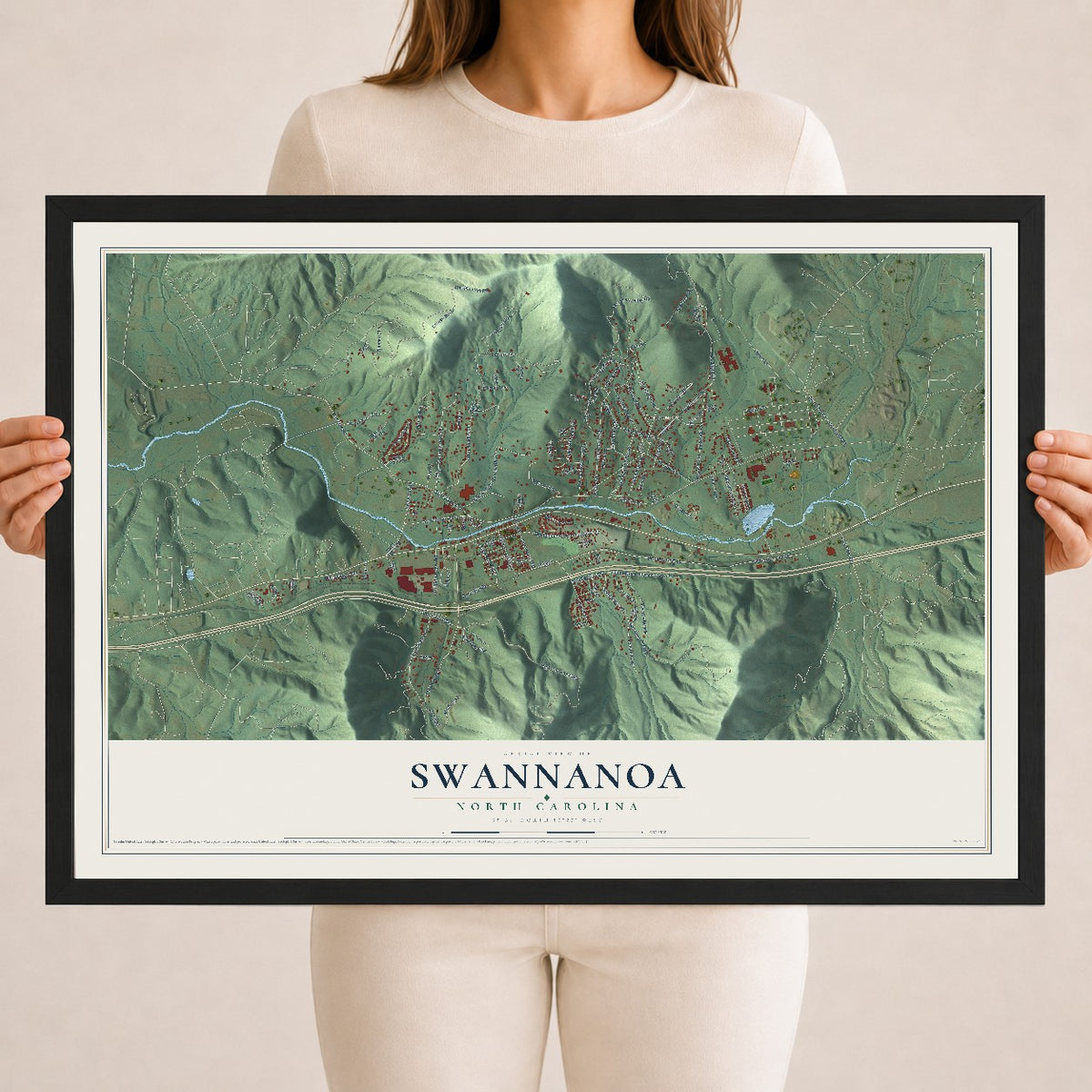 Map of Swannanoa, North Carolina, 18 x 24 inch print in a black wood frame