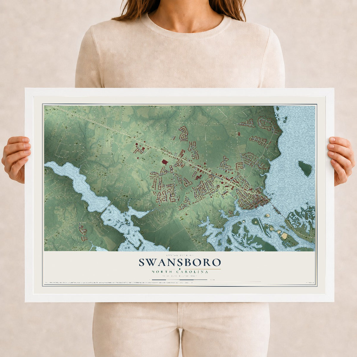 Map of Swansboro, North Carolina, 12 x 18 inch print in a white wood frame