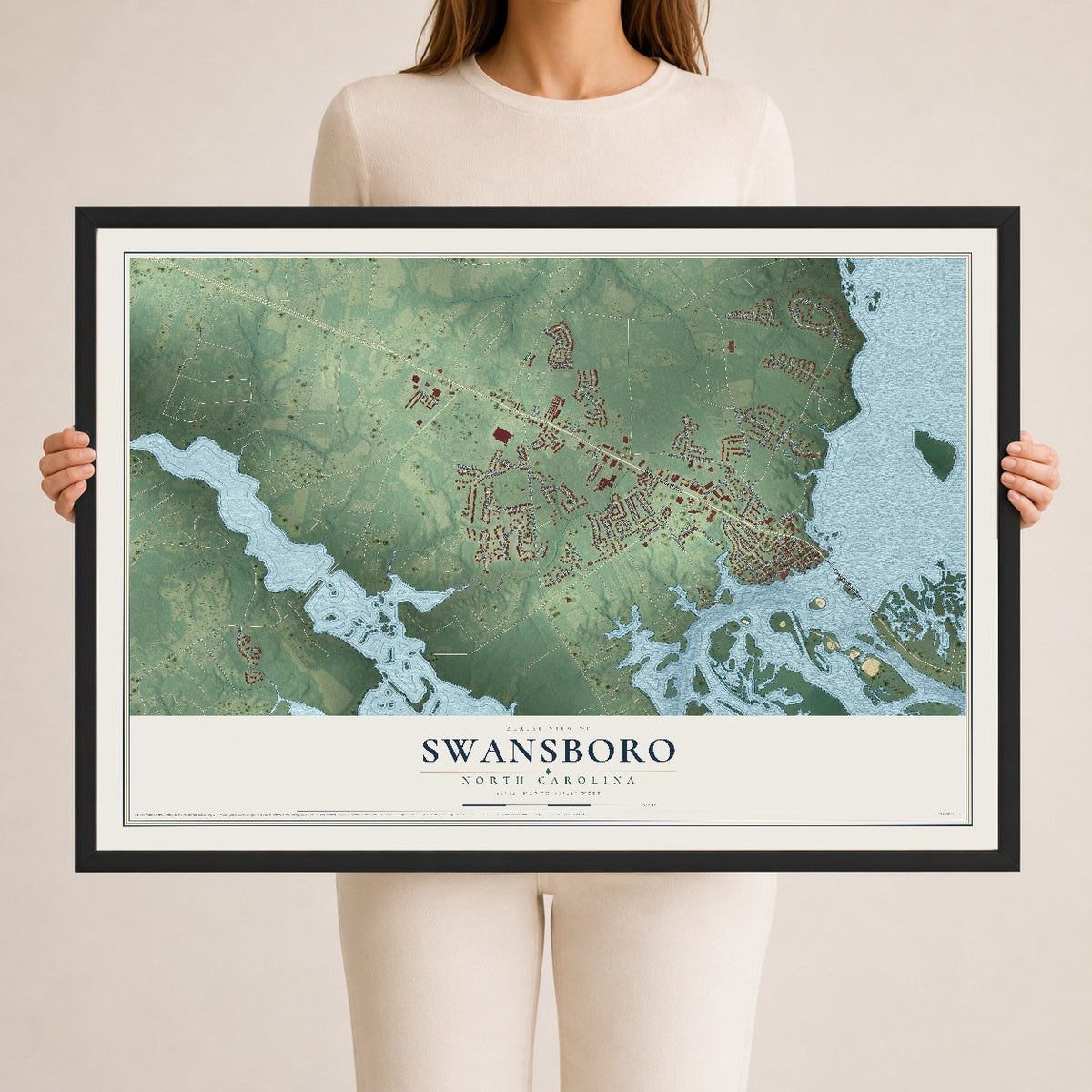 Map of Swansboro, North Carolina, 24 x 36 inch print in a black wood frame