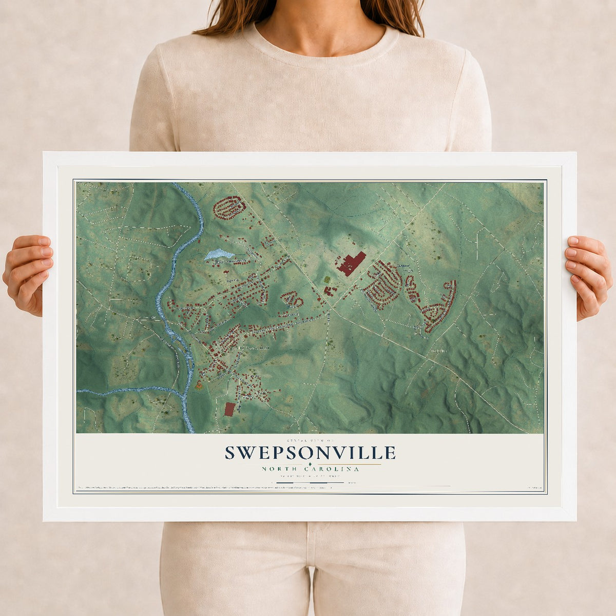 Map of Swepsonville, North Carolina, 12 x 18 inch print in a white wood frame