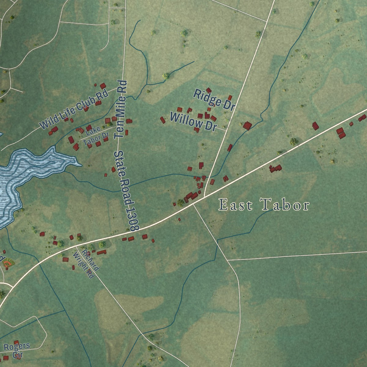 Second close-up of the map of Tabor City, North Carolina print showing more streets and buildings