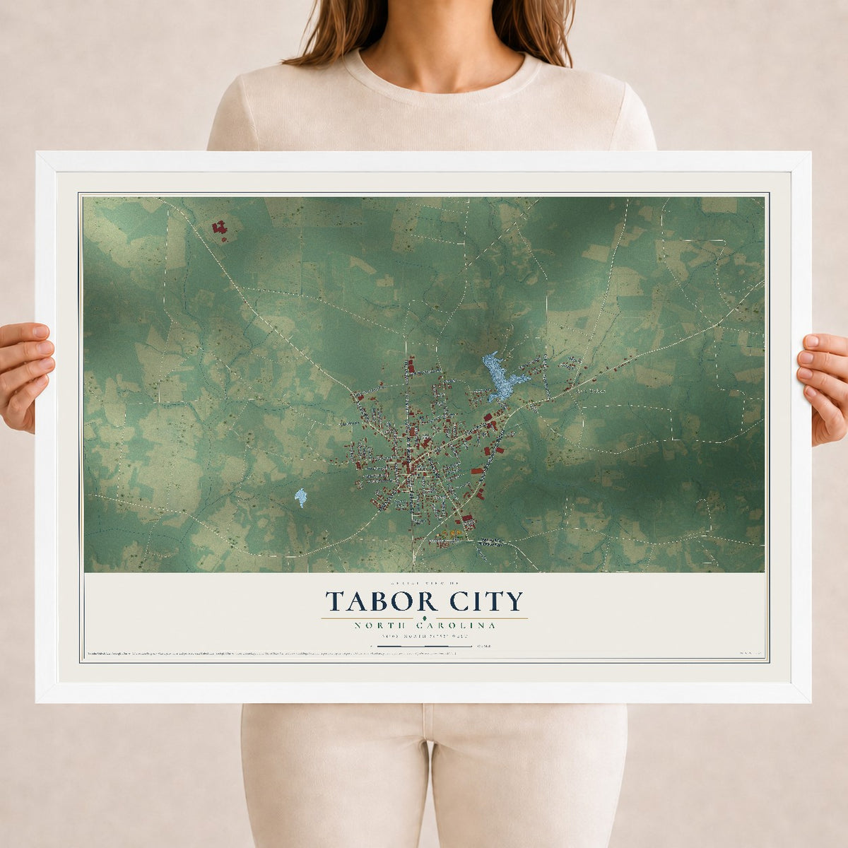 Map of Tabor City, North Carolina, 18 x 24 inch print in a white wood frame