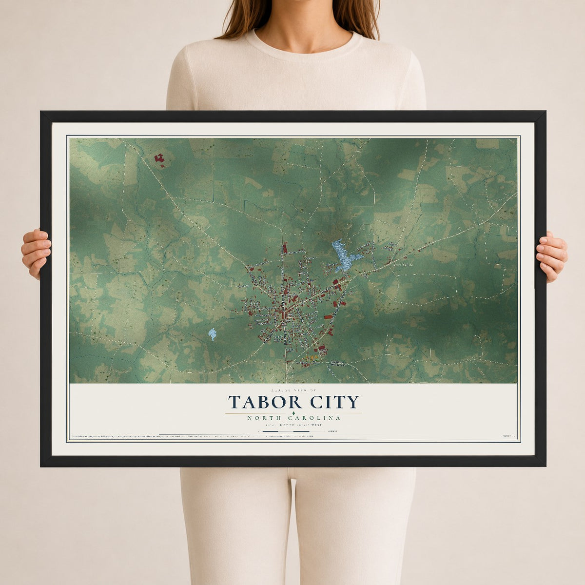 Map of Tabor City, North Carolina, 24 x 36 inch print in a black wood frame