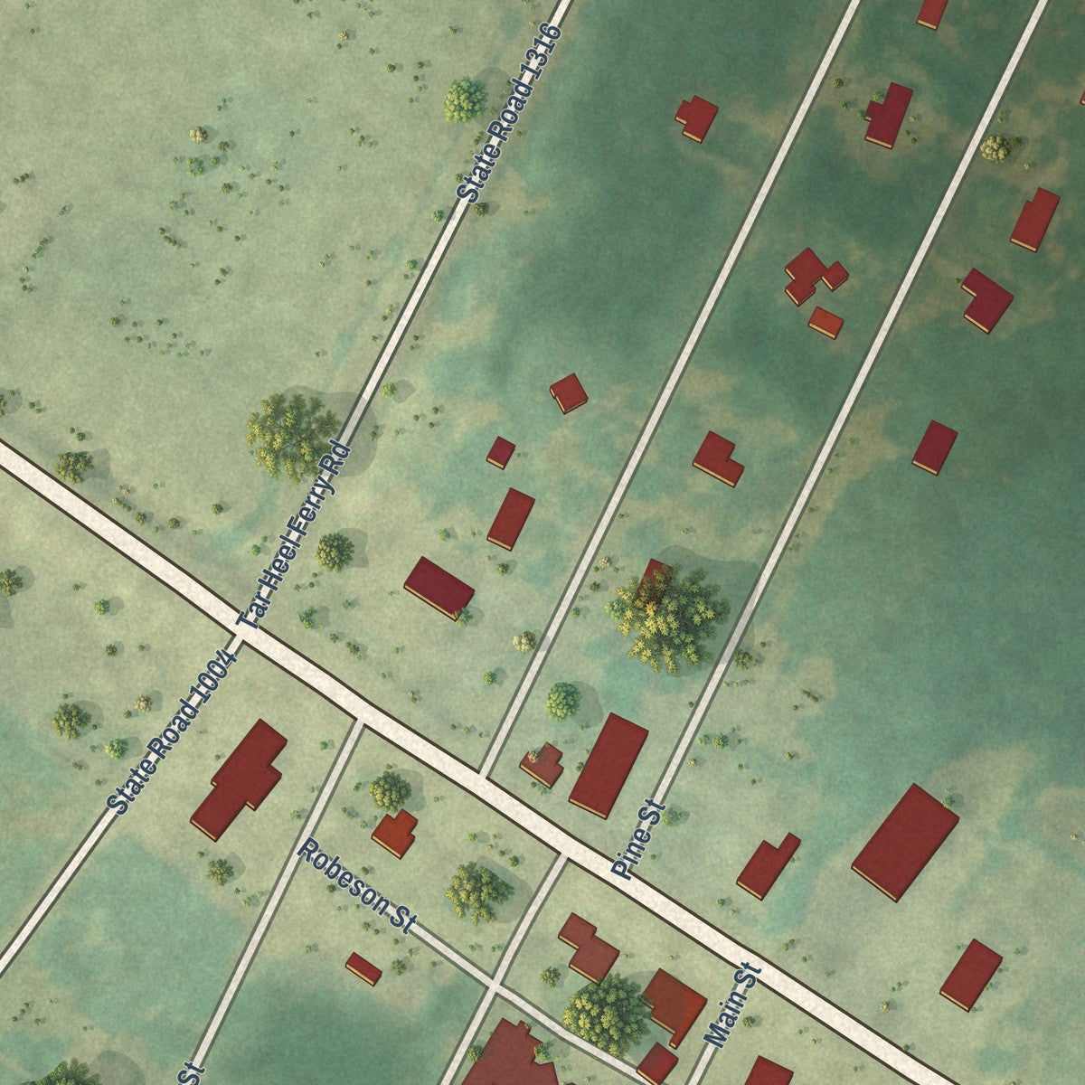 Close-up of the map of Tar Heel, North Carolina print showing street and building detail