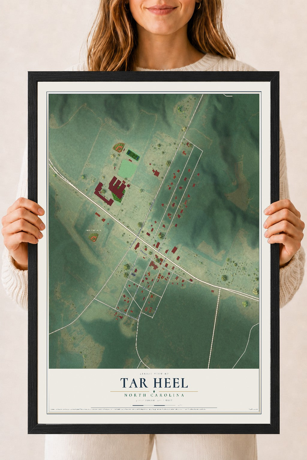 Map of Tar Heel, North Carolina, 18 x 24 inch print in a black wood frame
