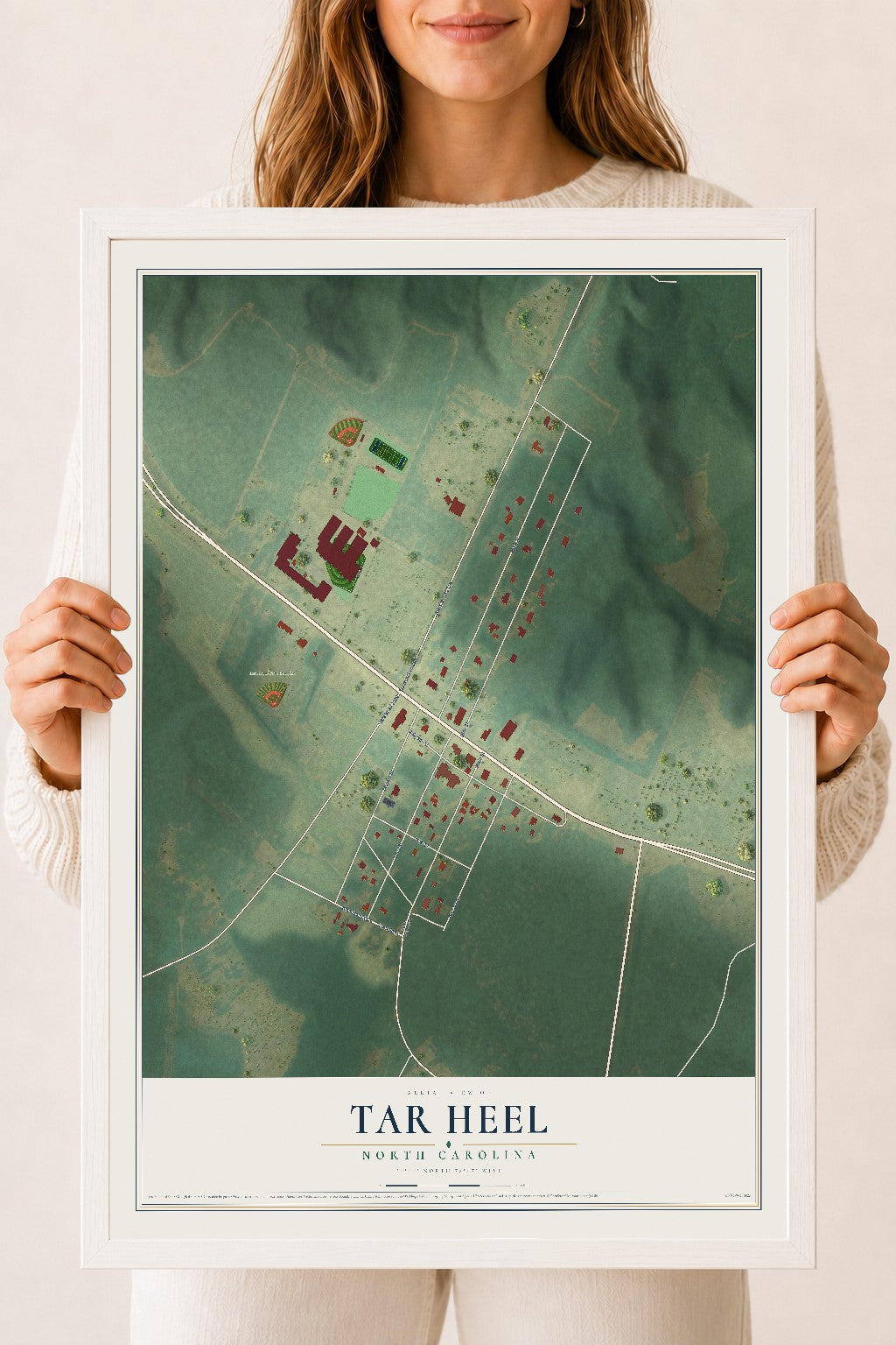 Map of Tar Heel, North Carolina, 18 x 24 inch print in a white wood frame
