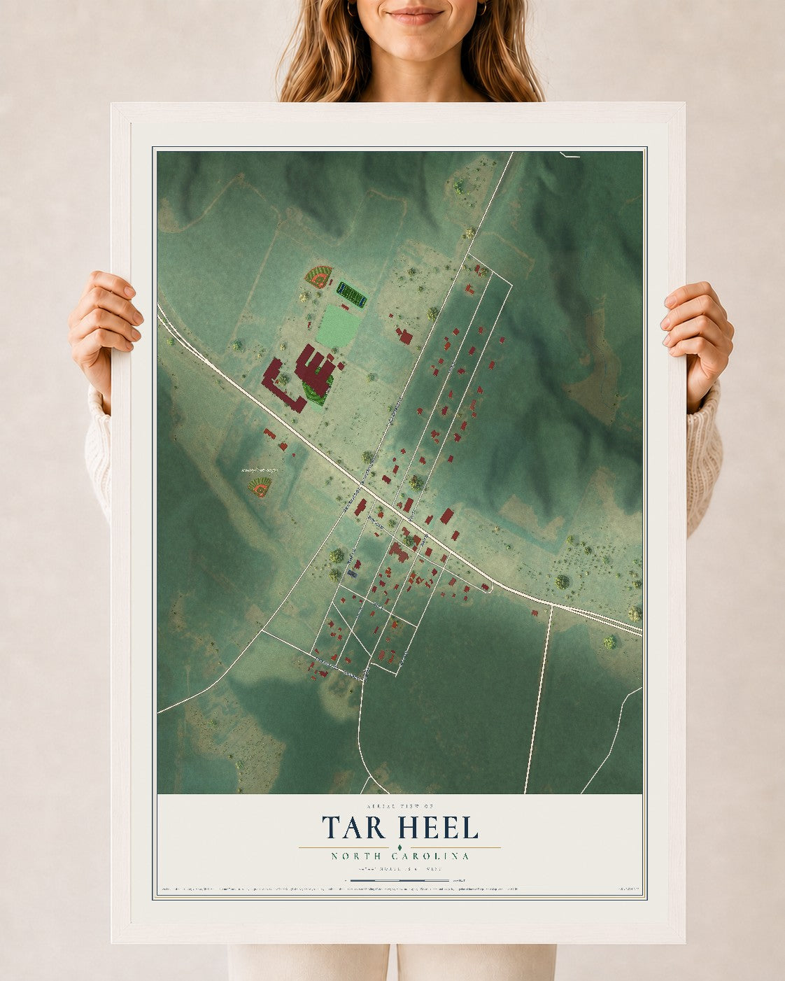 Map of Tar Heel, North Carolina, 24 x 36 inch print in a white wood frame