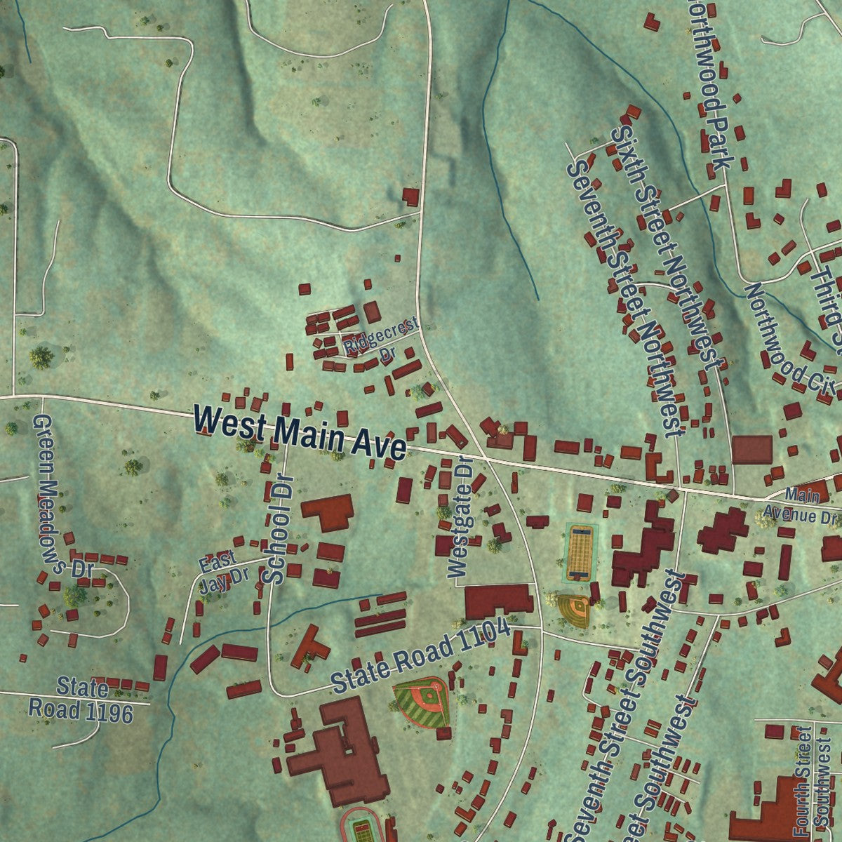 Second close-up of the map of Taylorsville, North Carolina print showing more streets and buildings