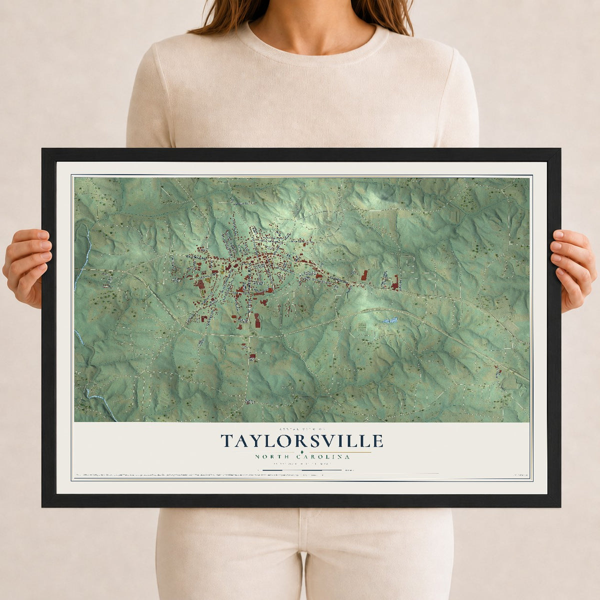 Map of Taylorsville, North Carolina, 12 x 18 inch print in a black wood frame