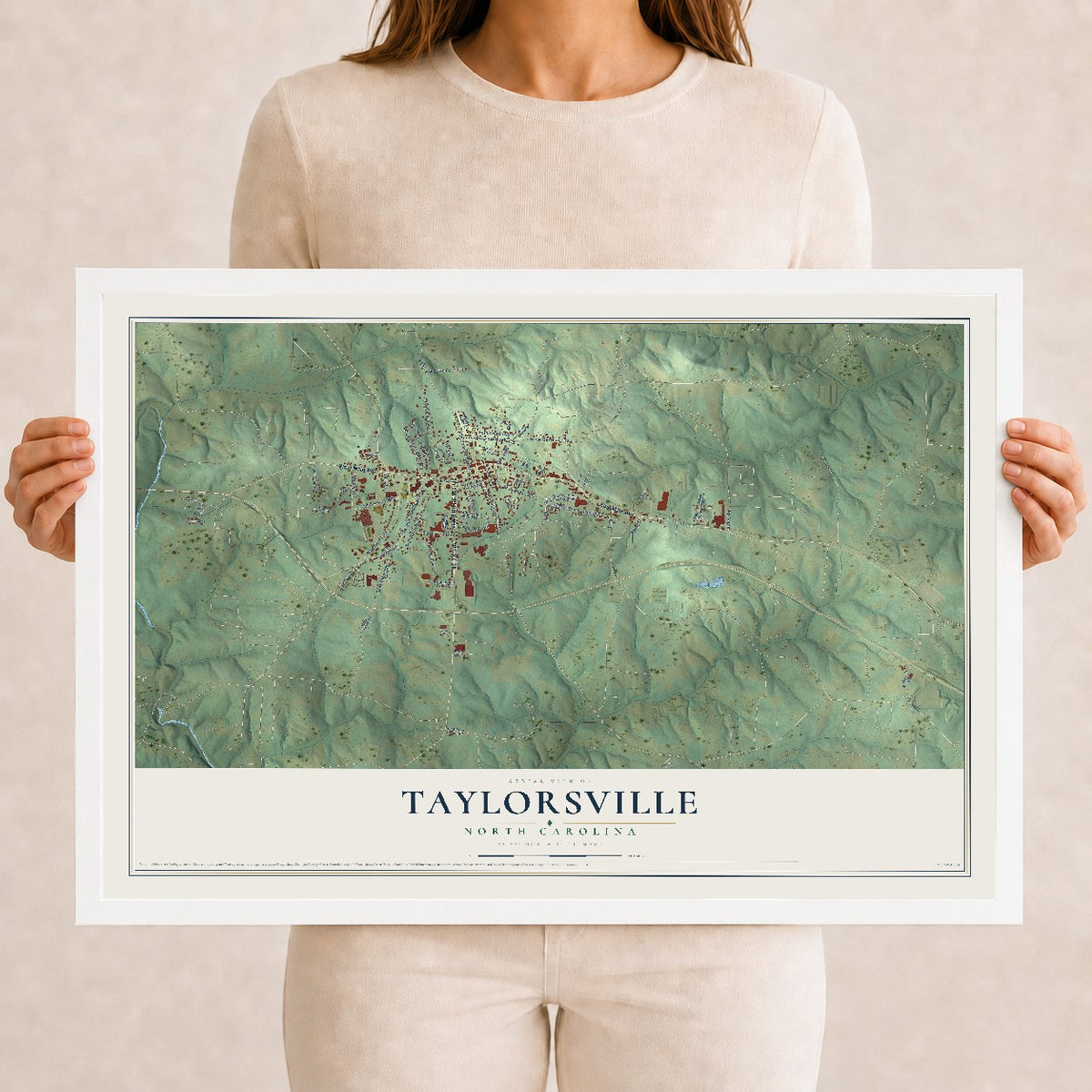 Map of Taylorsville, North Carolina, 12 x 18 inch print in a white wood frame