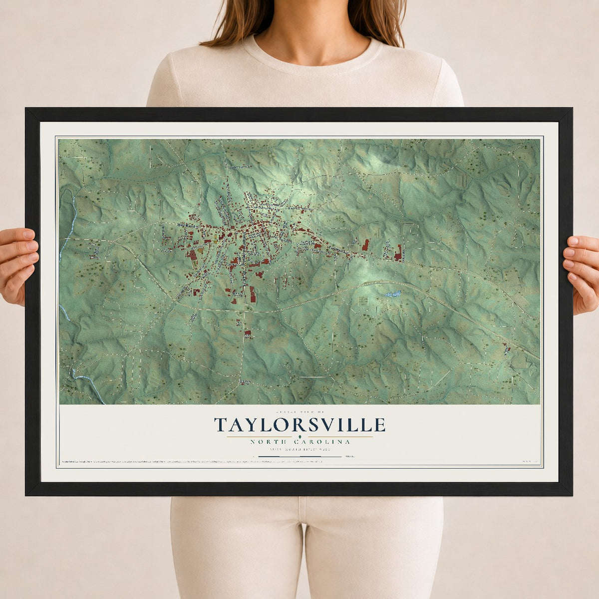Map of Taylorsville, North Carolina, 18 x 24 inch print in a black wood frame