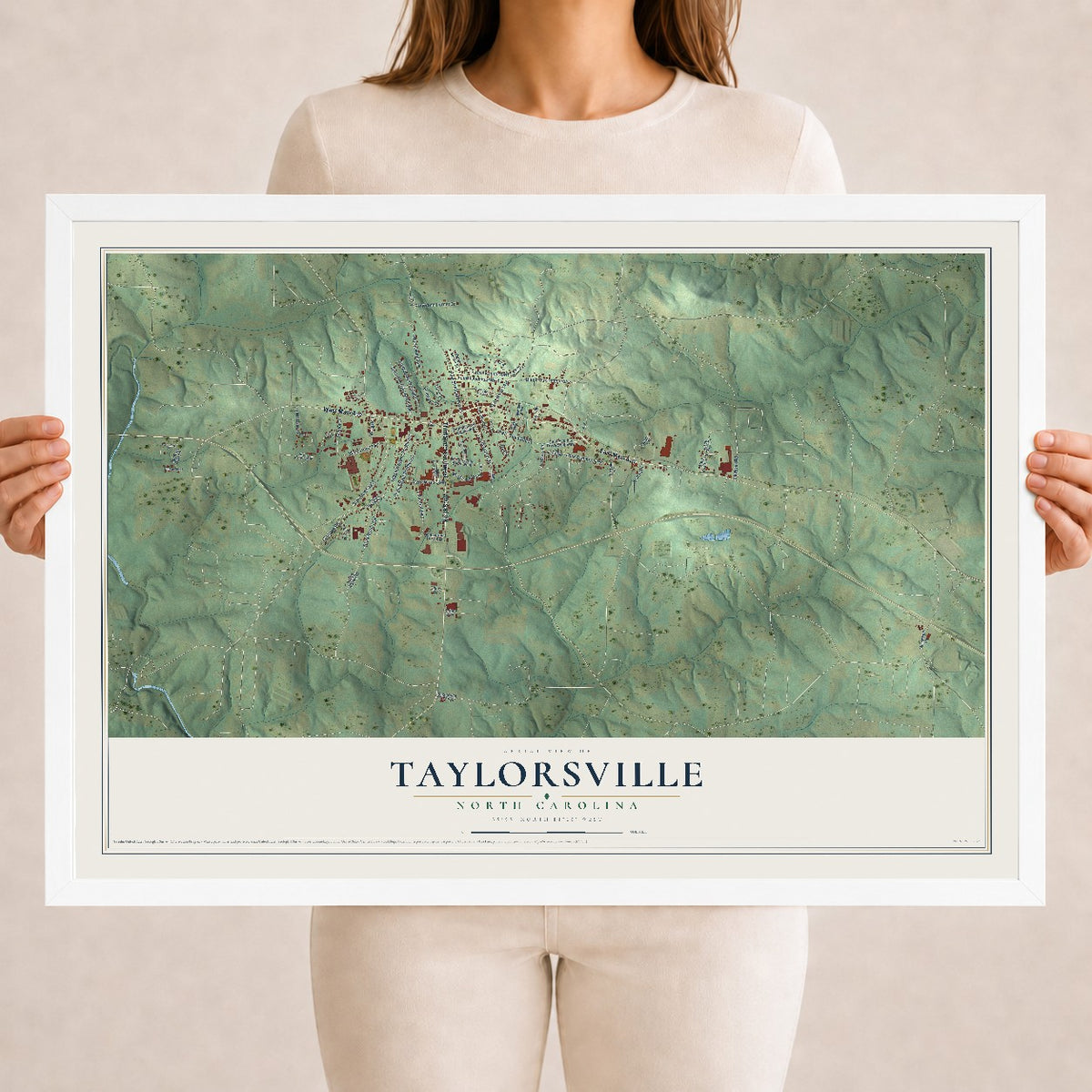 Map of Taylorsville, North Carolina, 18 x 24 inch print in a white wood frame