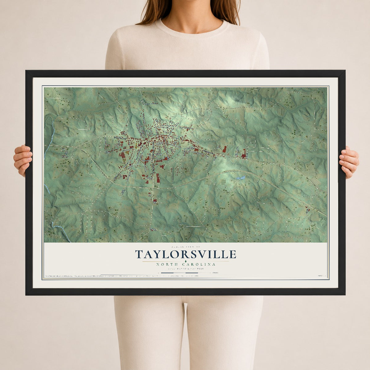 Map of Taylorsville, North Carolina, 24 x 36 inch print in a black wood frame