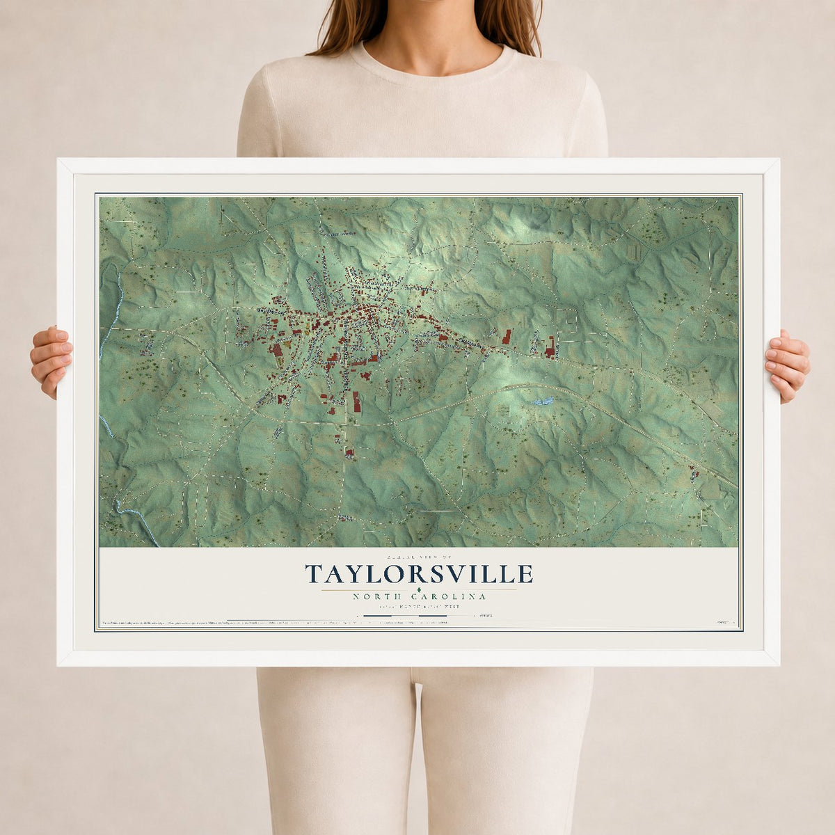 Map of Taylorsville, North Carolina, 24 x 36 inch print in a white wood frame
