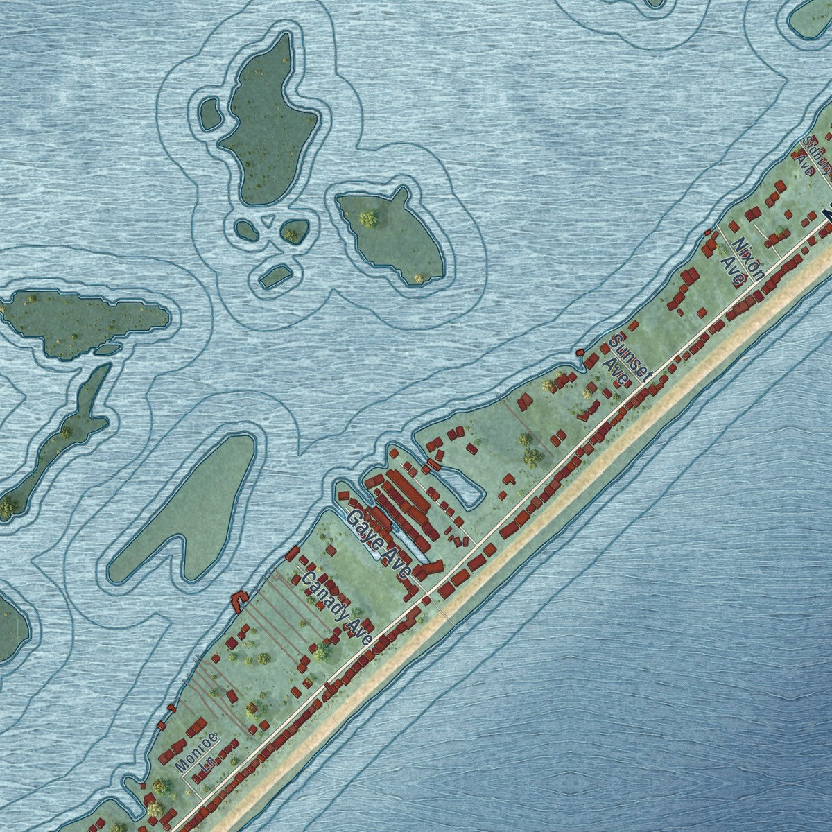 Close-up of the map of Topsail Beach, North Carolina print showing street and building detail