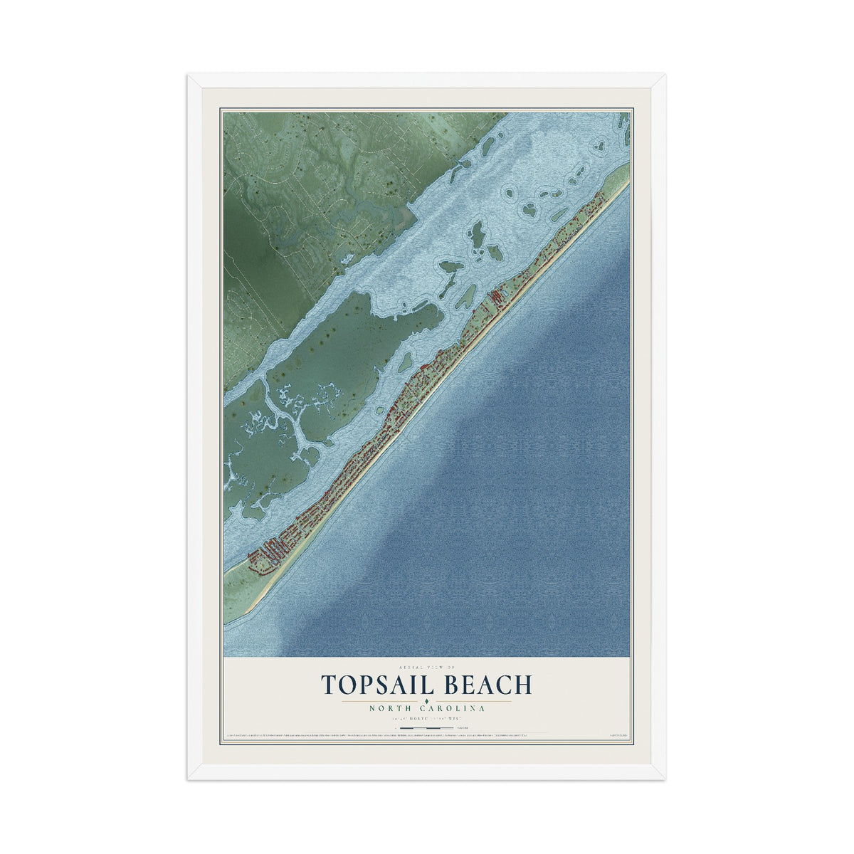 Map of Topsail Beach, North Carolina, 12 x 18 inch print in a white wood frame