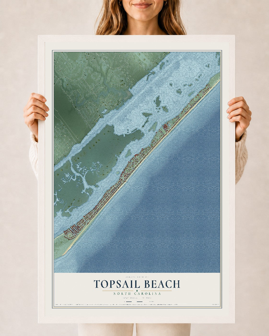 Map of Topsail Beach, North Carolina, 24 x 36 inch print in a white wood frame