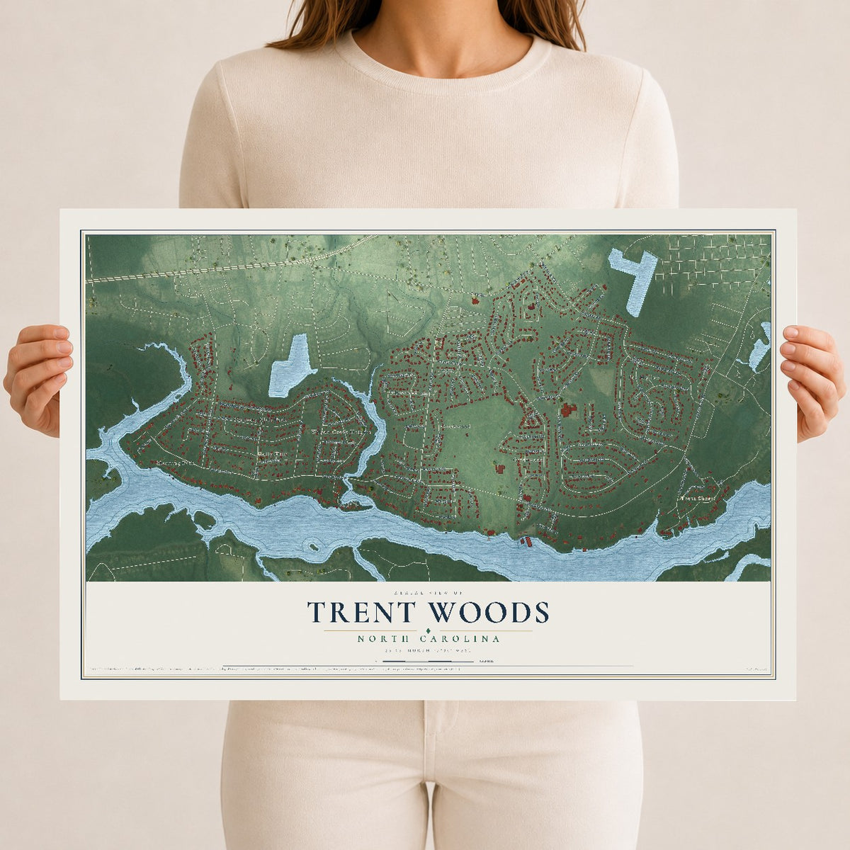 Map of Trent Woods, North Carolina, 12 x 18 inch unframed archival matte print