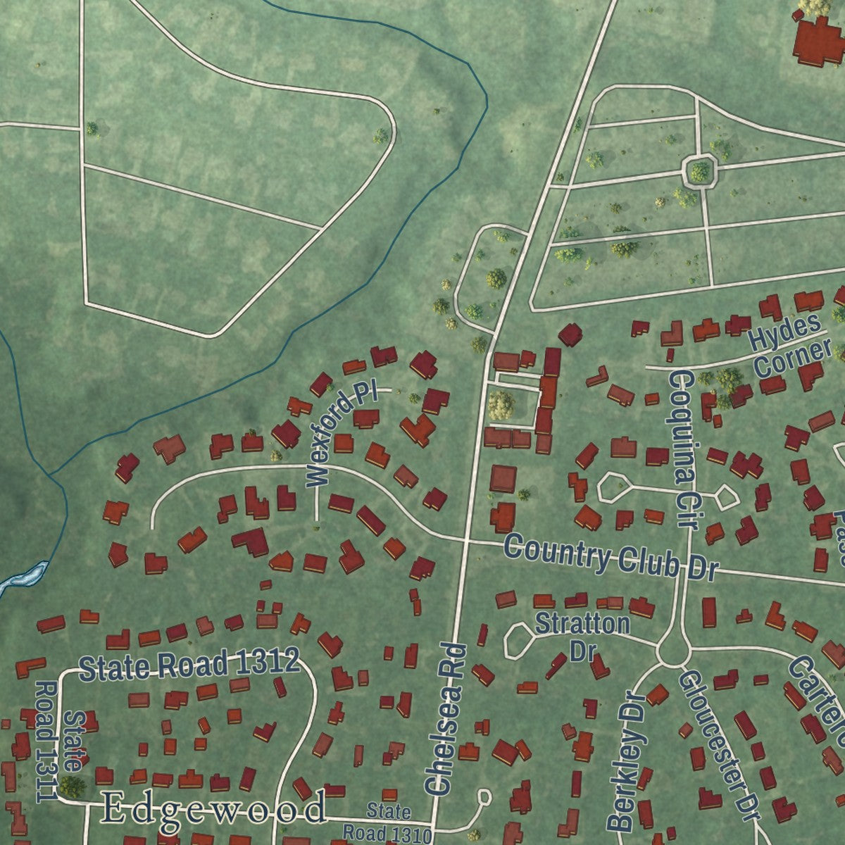 Close-up of the map of Trent Woods, North Carolina print showing street and building detail