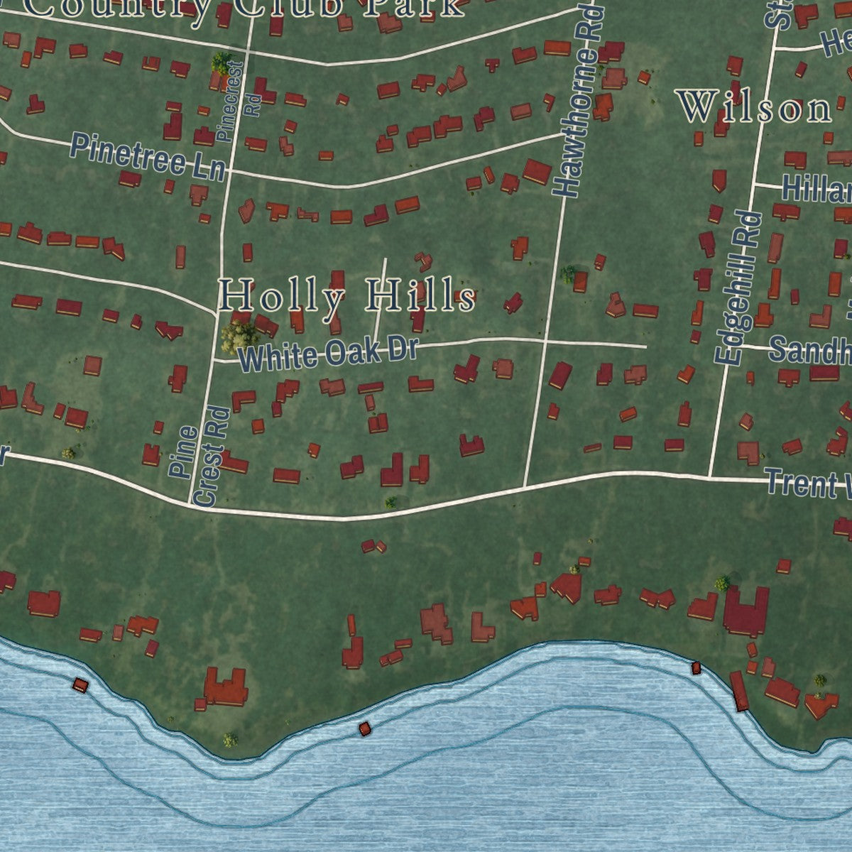 Second close-up of the map of Trent Woods, North Carolina print showing more streets and buildings