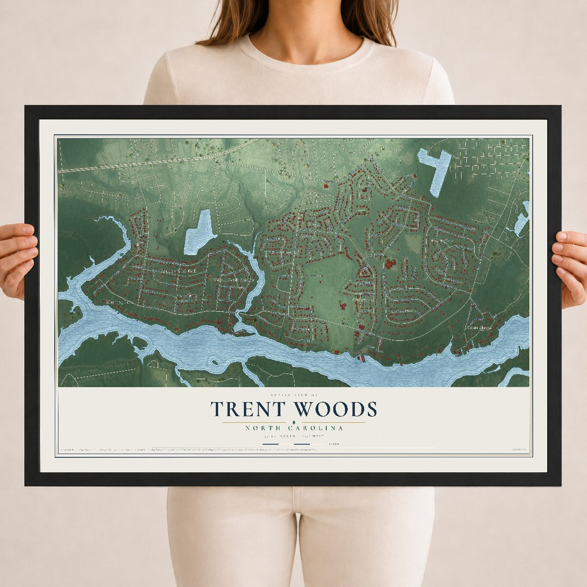 Map of Trent Woods, North Carolina, 18 x 24 inch print in a black wood frame