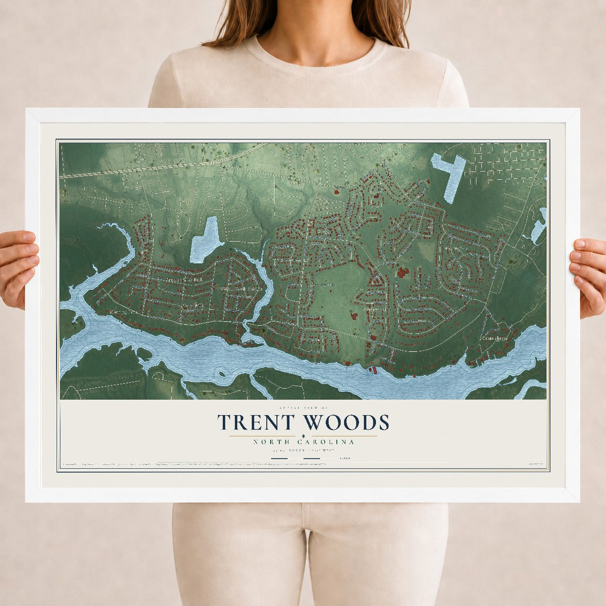 Map of Trent Woods, North Carolina, 18 x 24 inch print in a white wood frame