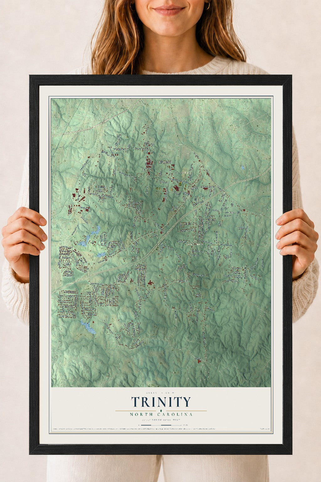 Map of Trinity, North Carolina, 18 x 24 inch print in a black wood frame