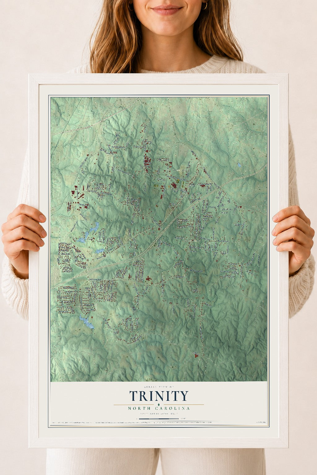 Map of Trinity, North Carolina, 18 x 24 inch print in a white wood frame