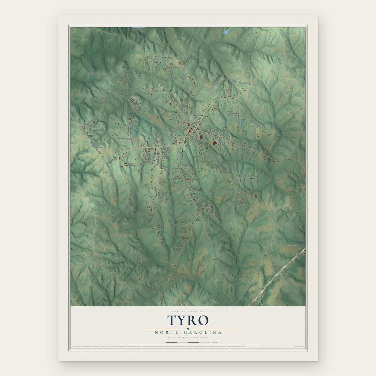 Tyro, North Carolina map print, the full design