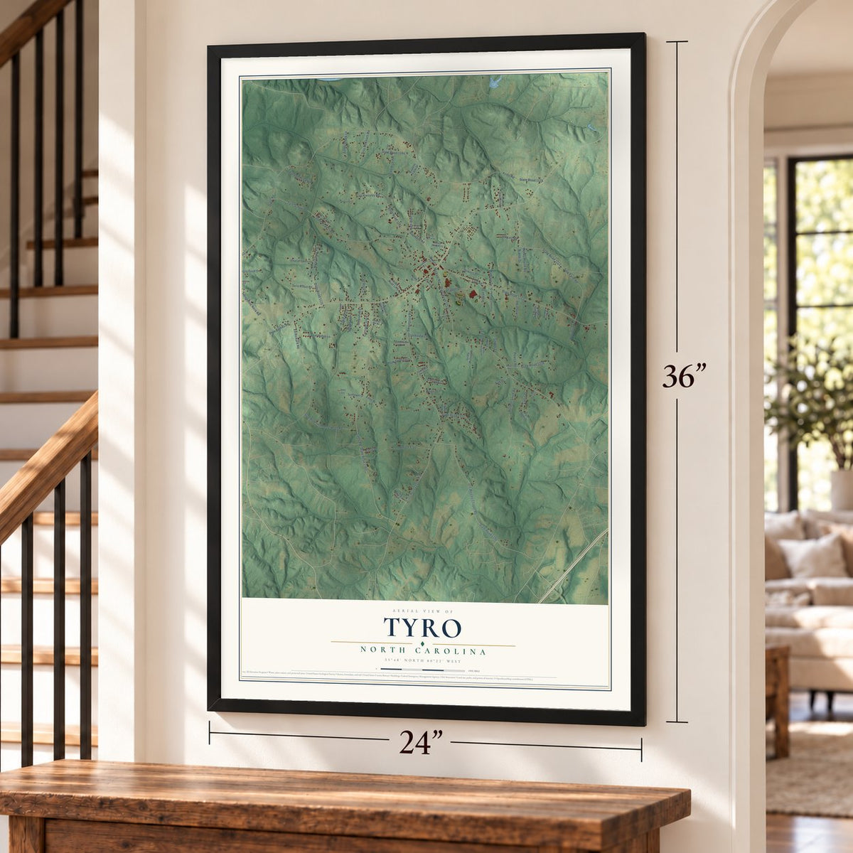 Tyro, North Carolina map, 24 x 36 inch print in a black frame by a staircase