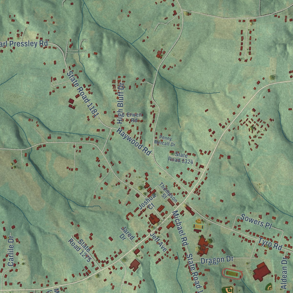 Close-up of the map of Tyro, North Carolina print showing street and building detail