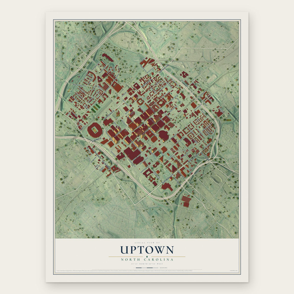 Uptown, North Carolina map print, the full design