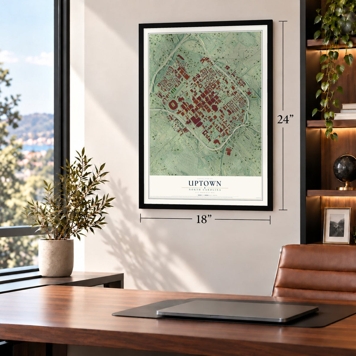 Uptown, North Carolina map, 18 x 24 inch print in a black frame in a home office