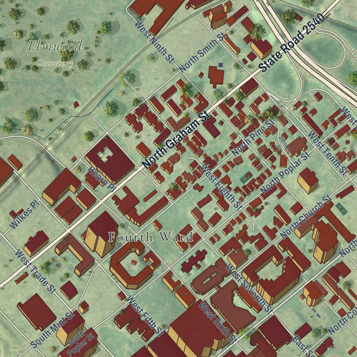 Close-up of the map of Uptown, North Carolina print showing street and building detail