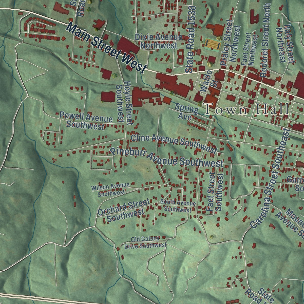 Close-up of the map of Valdese, North Carolina print showing street and building detail