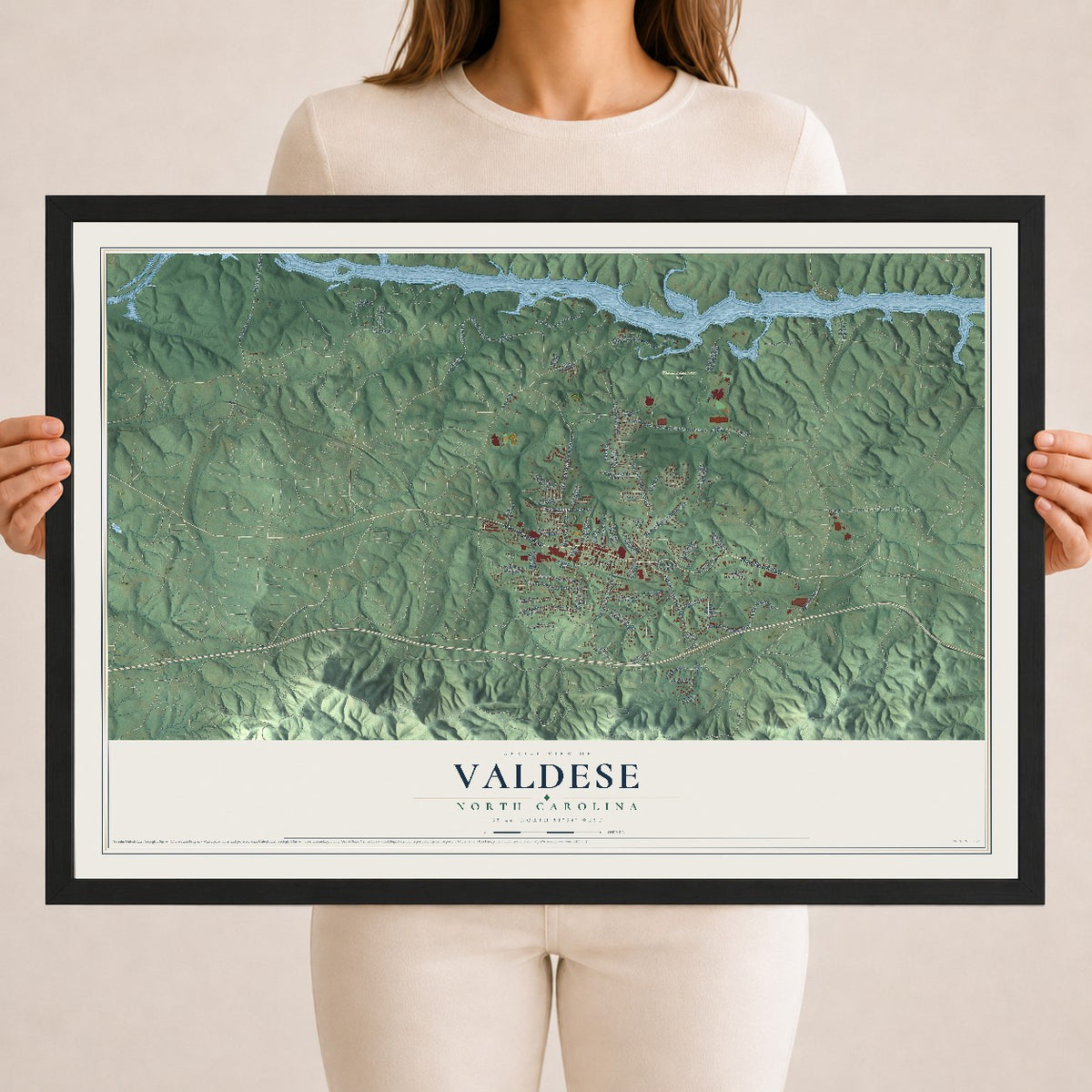 Map of Valdese, North Carolina, 18 x 24 inch print in a black wood frame