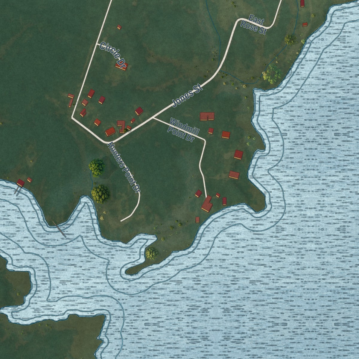 Second close-up of the map of Vandemere, North Carolina print showing more streets and buildings