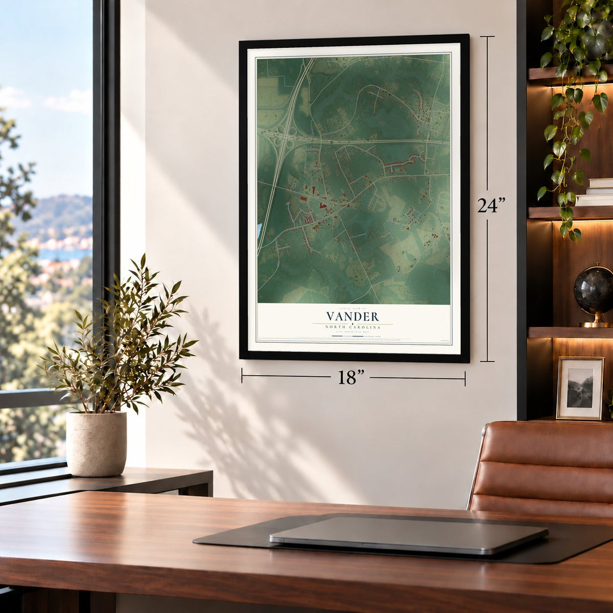 Vander, North Carolina map, 18 x 24 inch print in a black frame in a home office