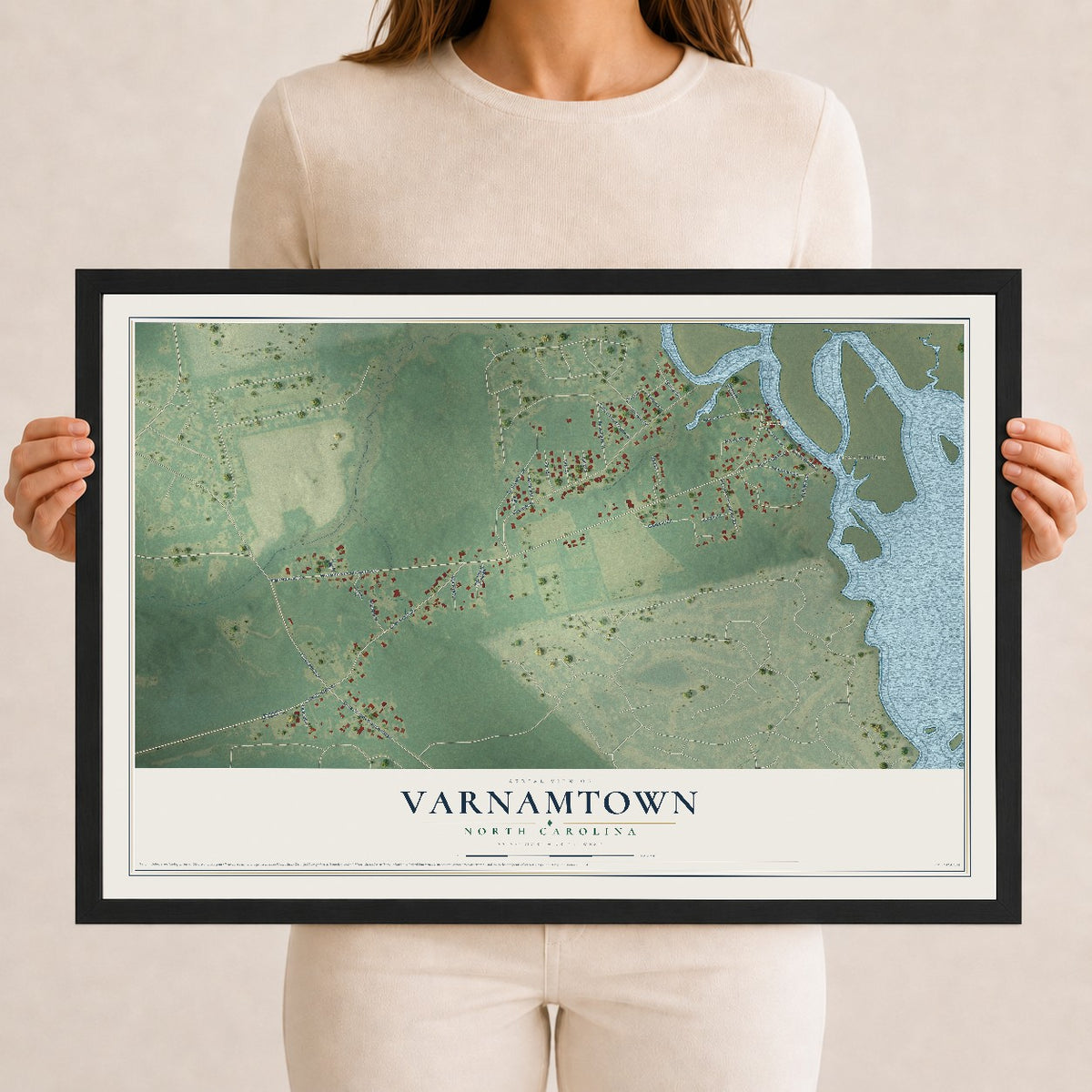 Map of Varnamtown, North Carolina, 12 x 18 inch print in a black wood frame
