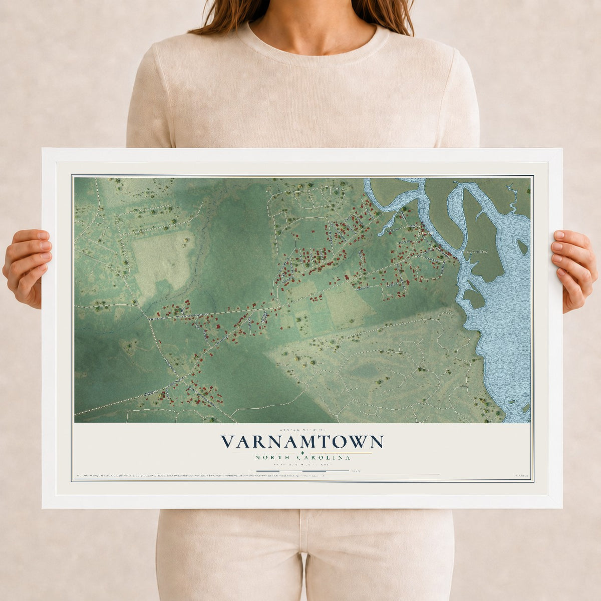 Map of Varnamtown, North Carolina, 12 x 18 inch print in a white wood frame