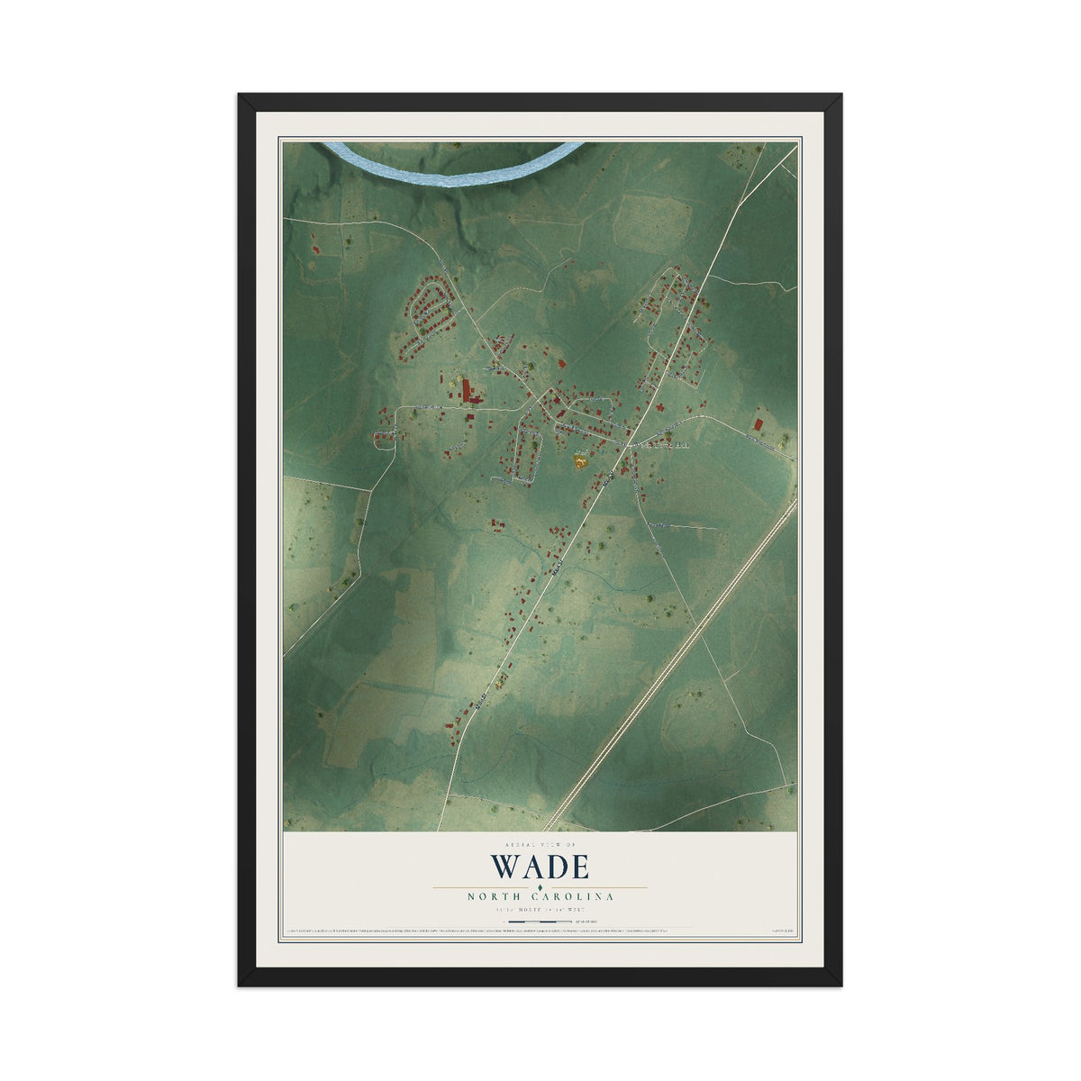 Map of Wade, North Carolina, 12 x 18 inch print in a black wood frame