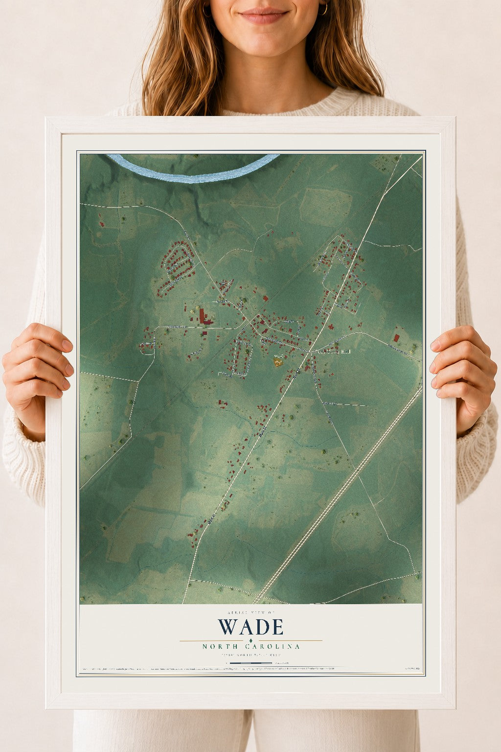 Map of Wade, North Carolina, 18 x 24 inch print in a white wood frame