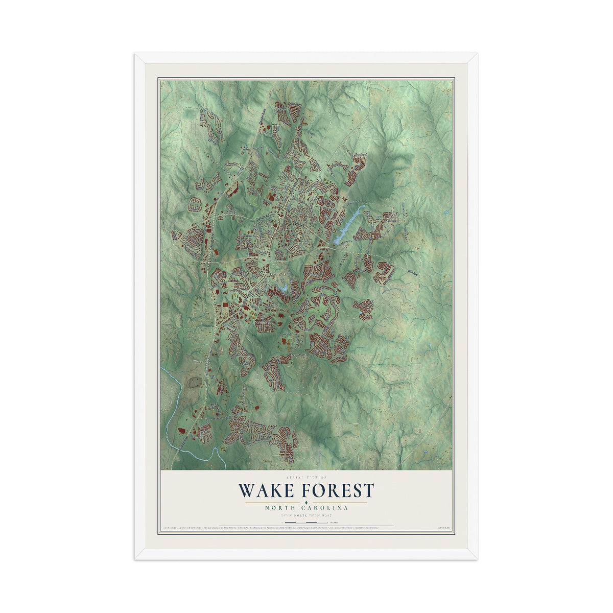 Map of Wake Forest, North Carolina, 12 x 18 inch print in a white wood frame