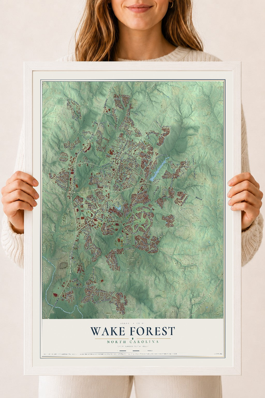 Map of Wake Forest, North Carolina, 18 x 24 inch print in a white wood frame
