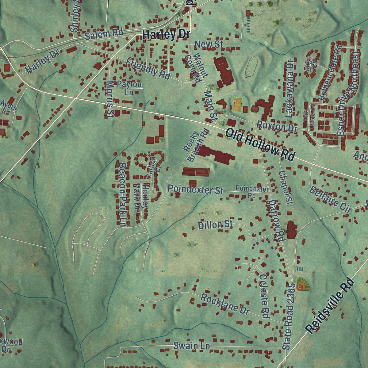 Close-up of the map of Walkertown, North Carolina print showing street and building detail