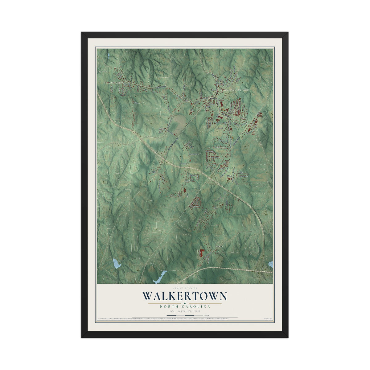 Map of Walkertown, North Carolina, 12 x 18 inch print in a black wood frame