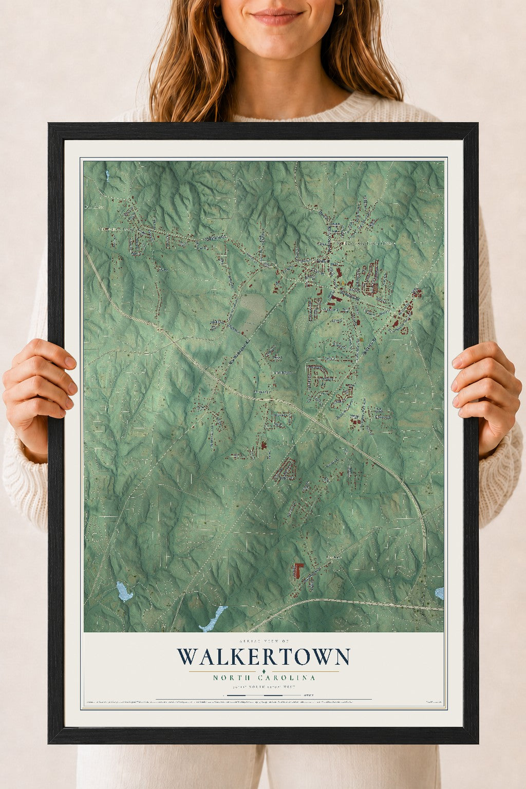 Map of Walkertown, North Carolina, 18 x 24 inch print in a black wood frame