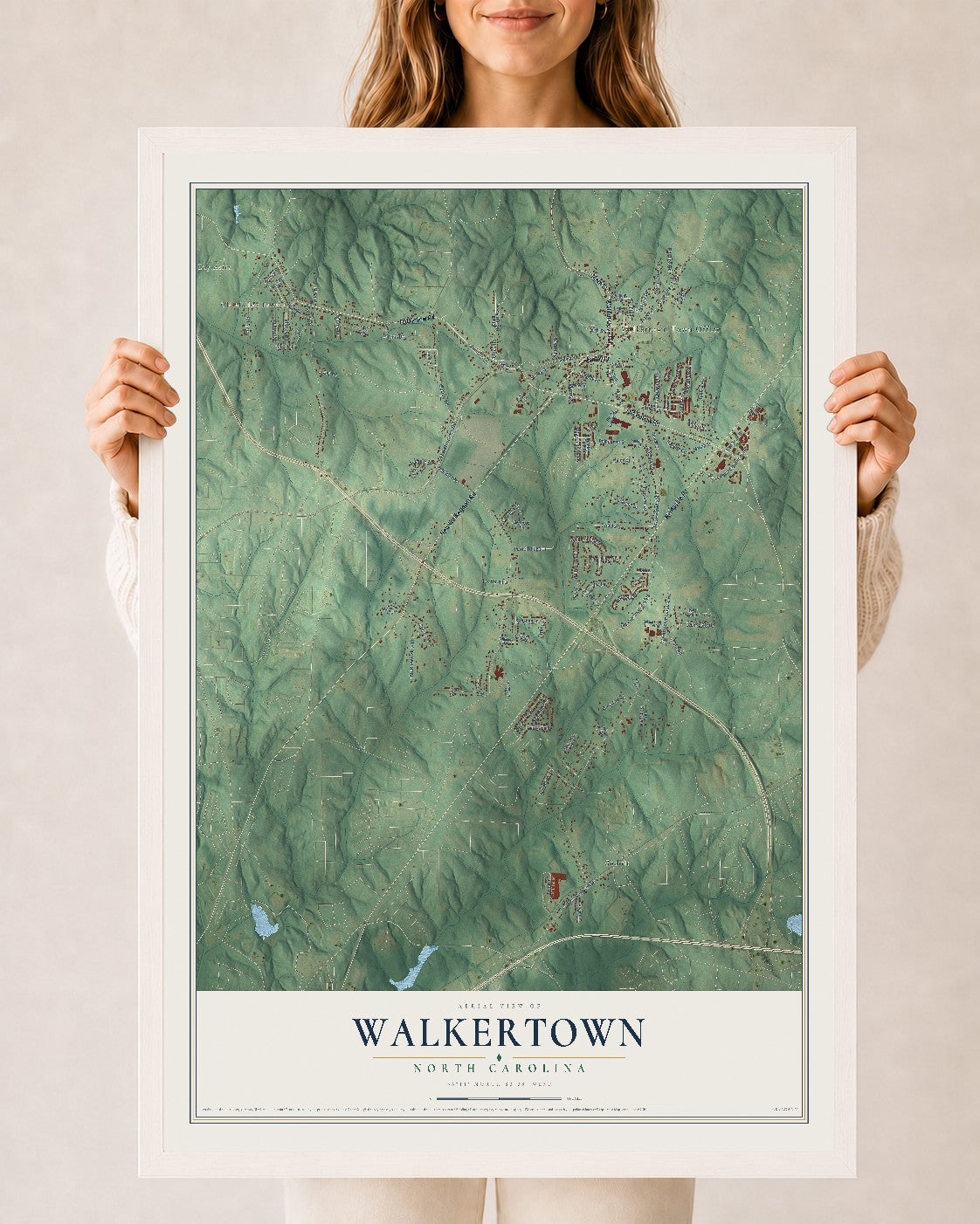 Map of Walkertown, North Carolina, 24 x 36 inch print in a white wood frame