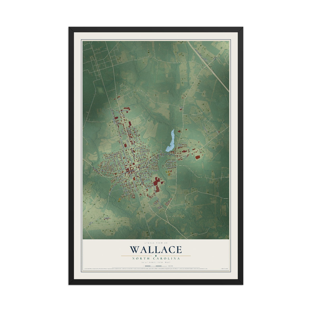 Map of Wallace, North Carolina, 12 x 18 inch print in a black wood frame